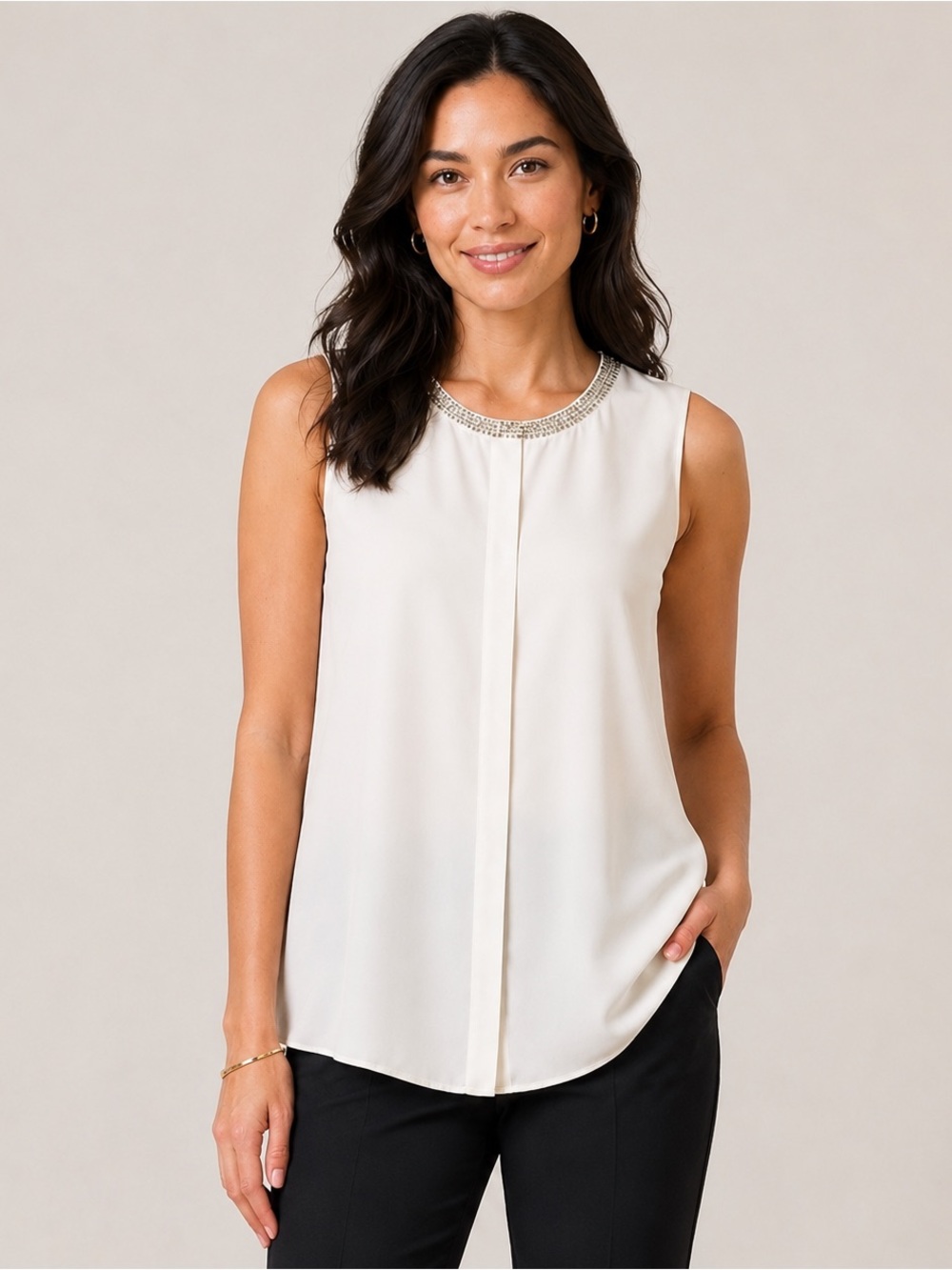 RACHEL Rachel Roy Cream Sleeveless Blouse Medium Rhinestone Collar High-Low